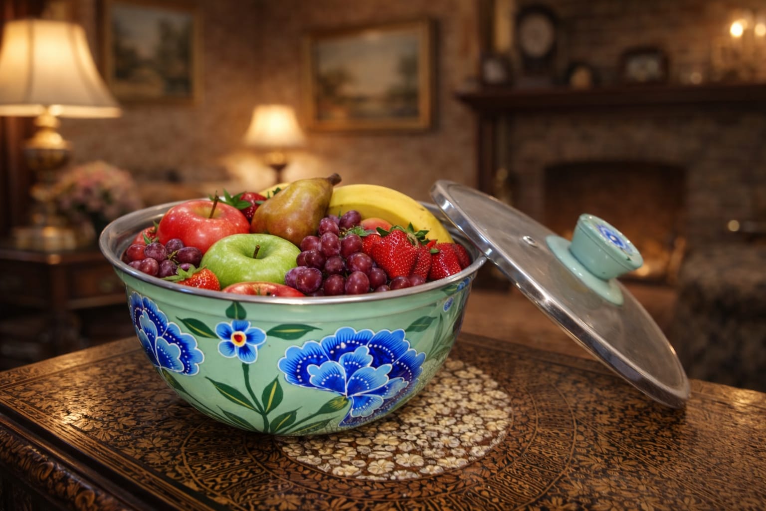 Big Hand Painted bowls with LID ,Stainless Steel bowl lid , Hand Painted Enamel Bowl  8 inch